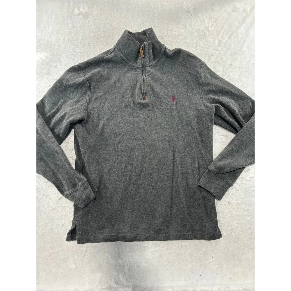 Polo Ralph Lauren Mens Gray Ribbed Quarter Zip Pullover Sweater Size S Pony Logo
